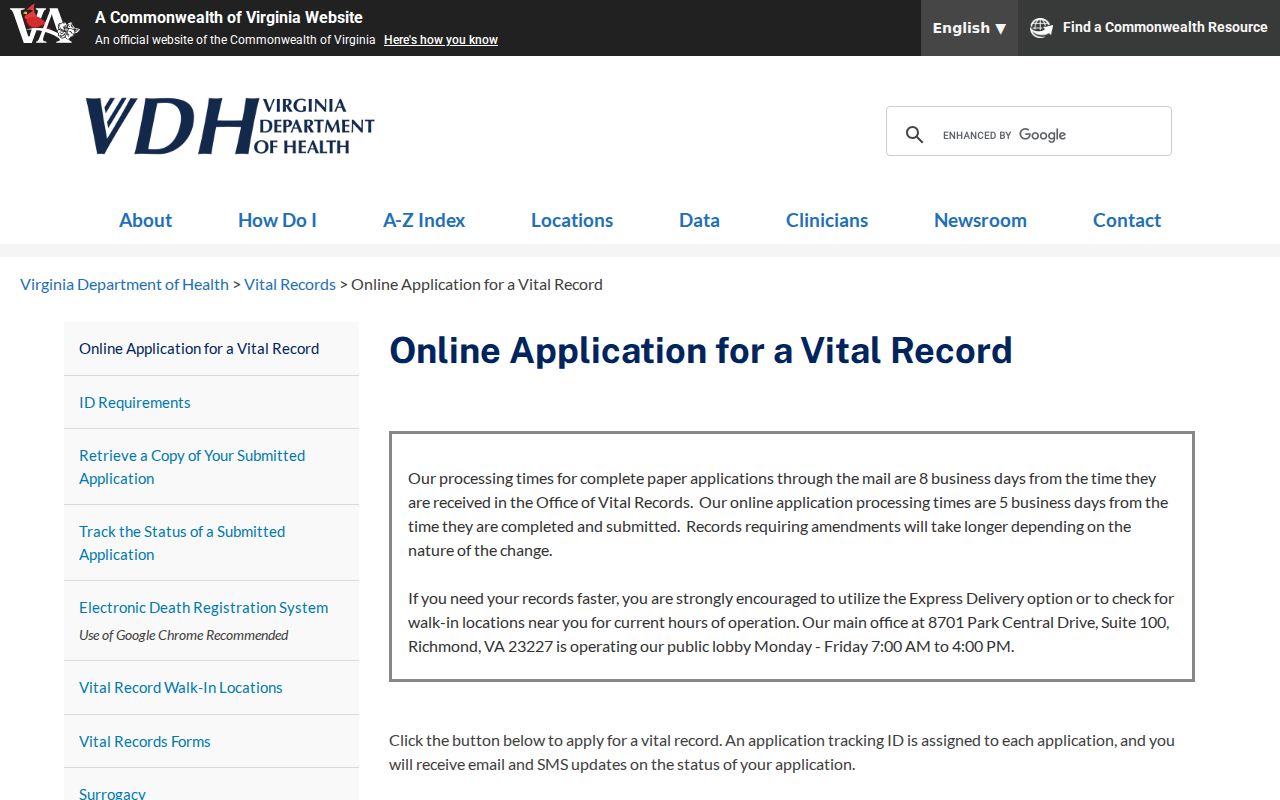 Loudoun County residents directory Virginia vital record application